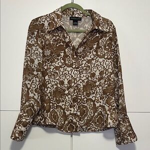 Vintage Jennifer Lloyd Brown & Cream Button Down Long Sleeve Blouse